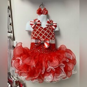 Size 4 Red & White Corset Back Beaded Cupcake Pageant Dress & Matching Bow NWT